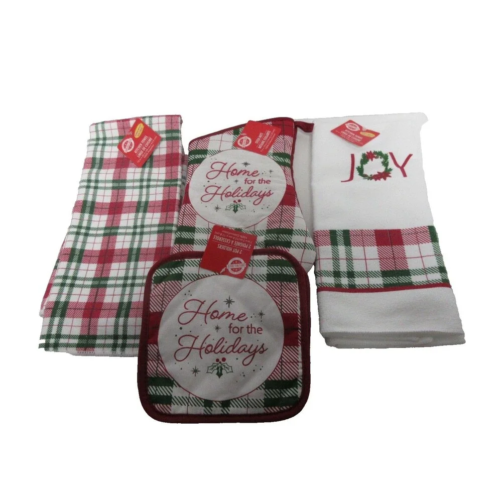 5 pc kitchen towel set (2 Kitchen Towels 1 Oven Mitt 2 Potholders Home for Holid